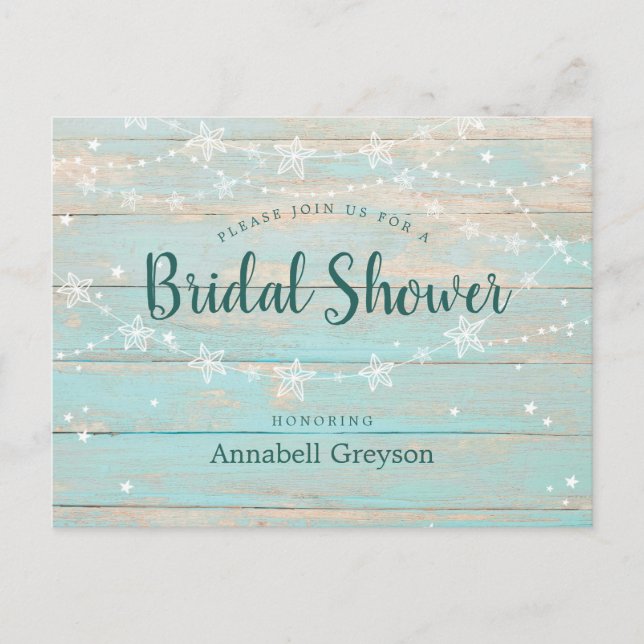 Rustic Wood Blue String Stars Bridal Shower Invitation Postcard (Front)