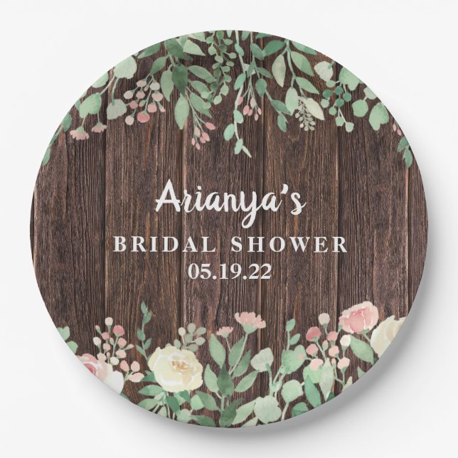 Rustic Wood Blush Floral Bridal Shower Decor Paper Plate (Front)
