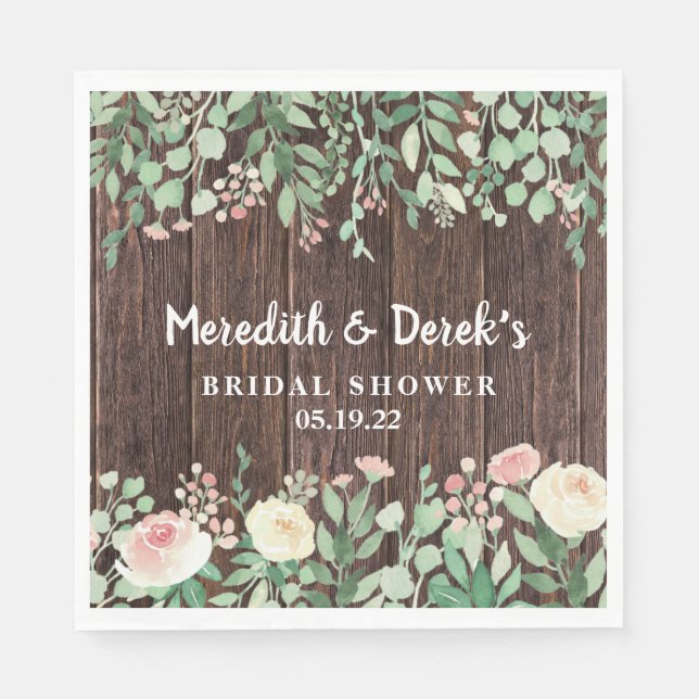 Rustic Wood Blush Floral Bridal Shower Napkin (Front)