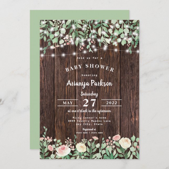 Rustic Wood Blush Floral Lights Baby Shower Invitation (Front/Back)