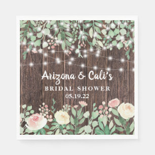 Rustic Wood Blush Floral Lights Bridal Shower Napkin