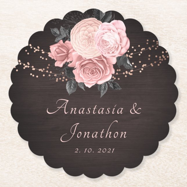 Rustic Wood Blush Floral String Lights Wedding Paper Coaster (Front)