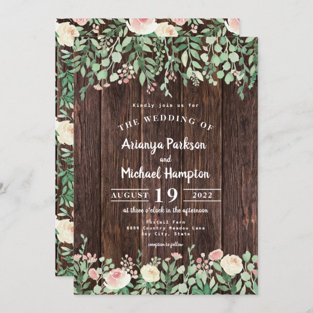 Rustic Wood Blush Floral Wedding Invitation (Front/Back)
