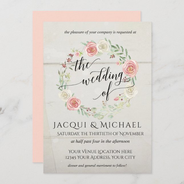 Rustic Wood Blush Ivory Roses Leaf Wreath Wedding Invitation (Front/Back)