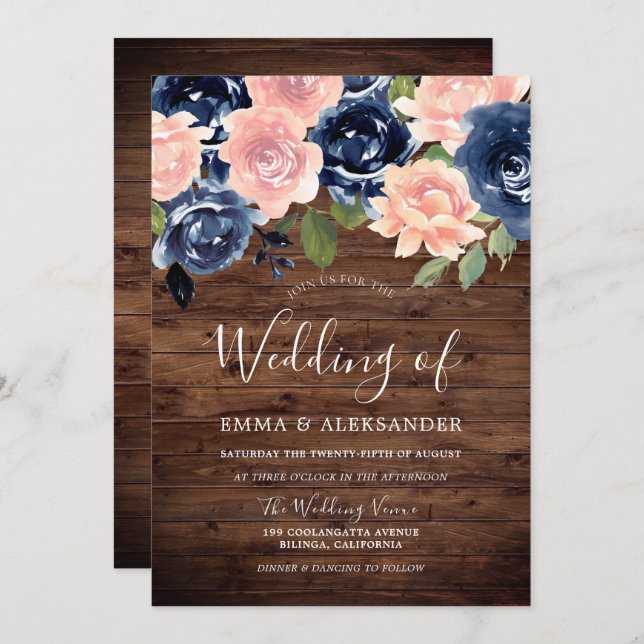 Rustic Wood Blush & Navy Floral Wedding Invitation (Front/Back)