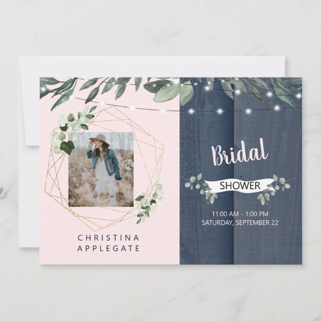 Rustic Wood Blush & Navy Photo Bridal Shower  Invitation (Front)