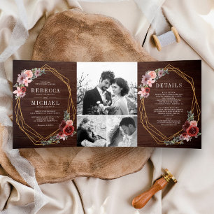Rustic Wood Blush Pink Burgundy Floral Wedding Tri-Fold Invitation