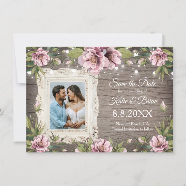 Rustic Wood Blush pink floral photo Save the Date  Invitation (Front)
