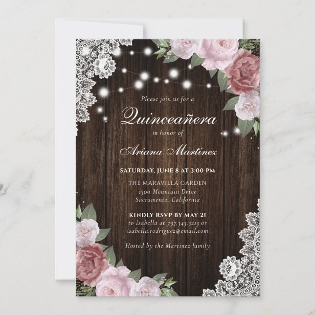 Rustic Wood Blush Pink Floral Quinceañera Invitation (Front)