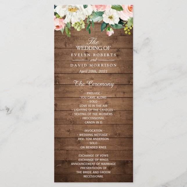 Rustic Wood Blush Pink Floral Wedding Programme (Front)