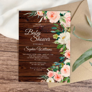  Rustic Wood Blush Pink Flowers Baby Shower Invitation