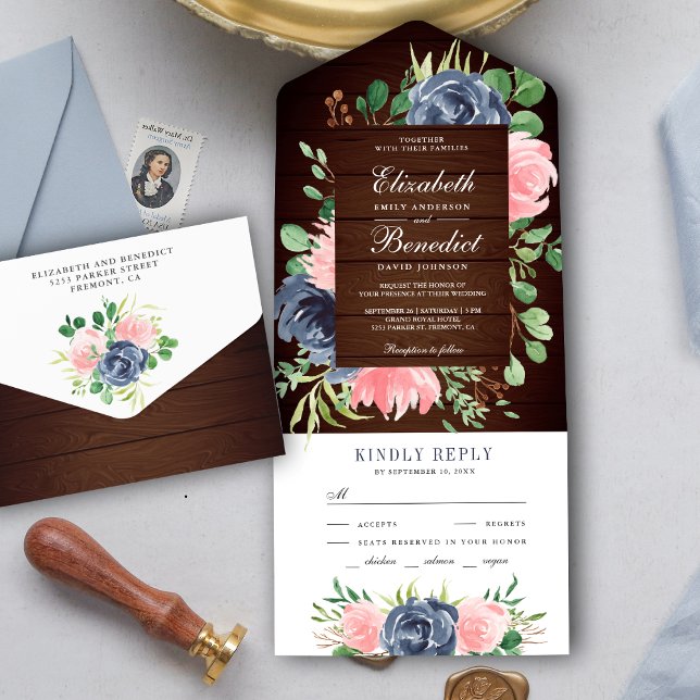 Rustic Wood Blush Pink Navy Blue Floral Wedding All In One Invitation (Creator Uploaded)