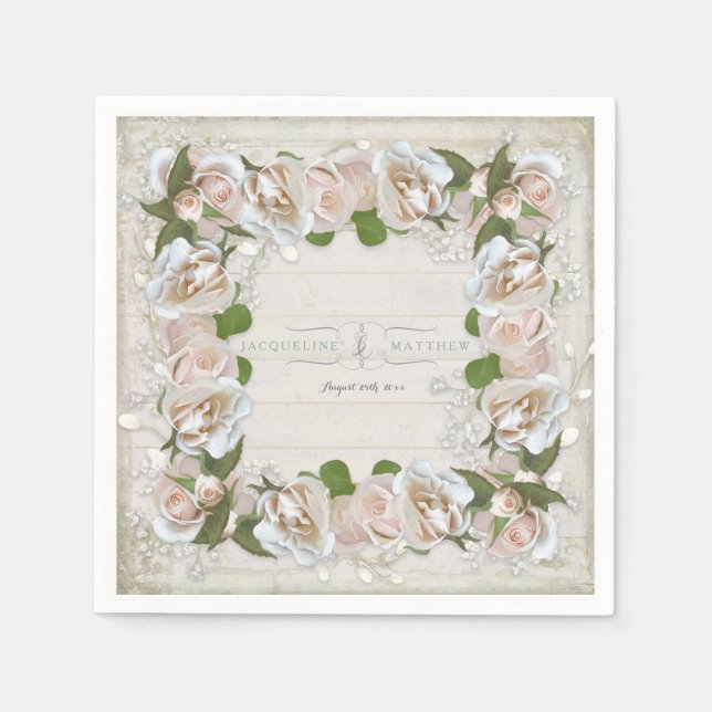 Rustic Wood Blush Pink Wild Rose Floral Art Wreath Napkin (Front)