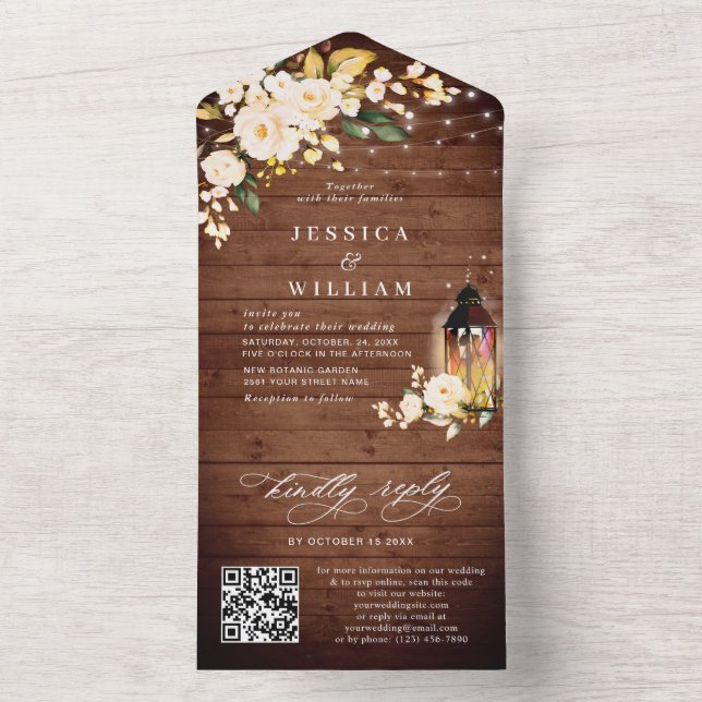 Rustic Wood Blush Roses Wedding QR code All In One Invitation (Inside)