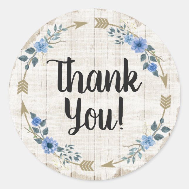 Rustic Wood & Bohemian Floral Arrows Thank You Classic Round Sticker (Front)