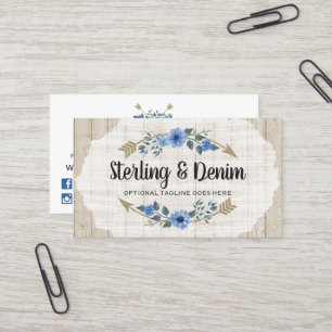 Rustic Wood & Bohemian Watercolor Floral Arrows Business Card