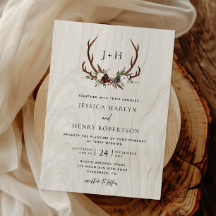 Rustic Wood Boho Antlers Monogram Wedding Invitation