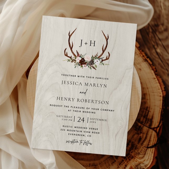 Rustic Wood Boho Antlers Monogram Wedding Invitation (Creator Uploaded)