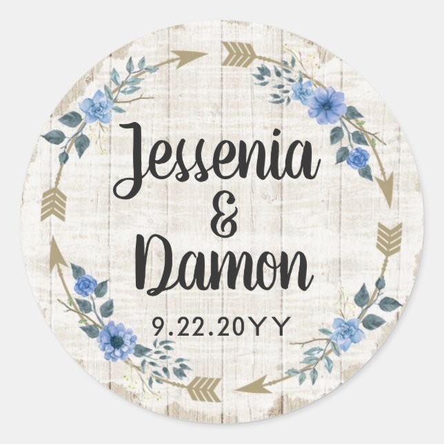 Rustic Wood Boho Arrows & Floral Wreath Wedding Classic Round Sticker (Front)