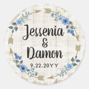 Rustic Wood Boho Arrows & Floral Wreath Wedding Classic Round Sticker
