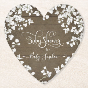 Rustic Wood Boho Baby's Breath Floral Baby Shower Paper Coaster