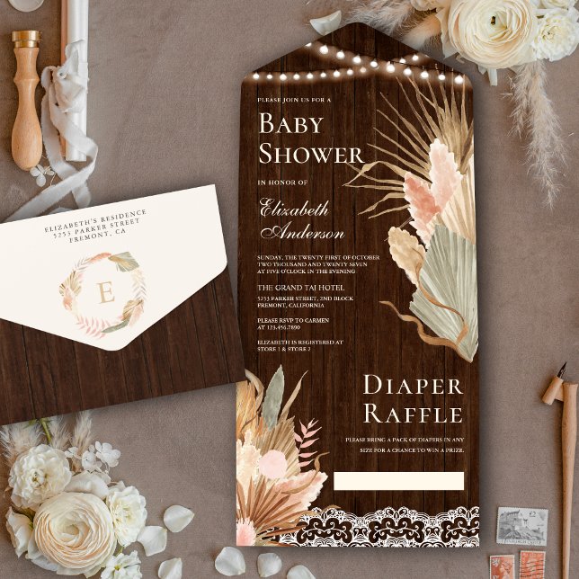 Rustic Wood Boho Dried Palm Pampas Baby Shower All In One Invitation (Creator Uploaded)