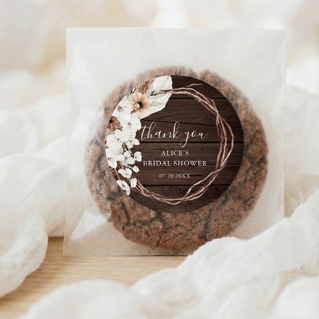 Rustic Wood Boho Floral Bridal Shower Classic Round Sticker (Creator Uploaded)