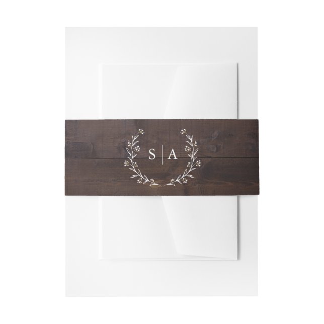 Rustic Wood Boho Floral Country Wedding Monogram Invitation Belly Band (Front Example)