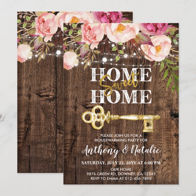 Rustic Wood Boho Floral Housewarming Invitation (Front/Back)