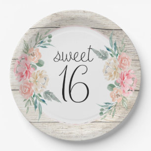 Rustic Wood Boho Floral Sweet 16 Birthday Paper Plate
