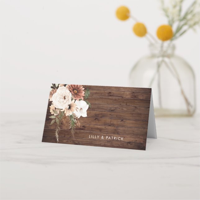 Rustic Wood Boho Floral Terracotta Wedding Place Card (Back)