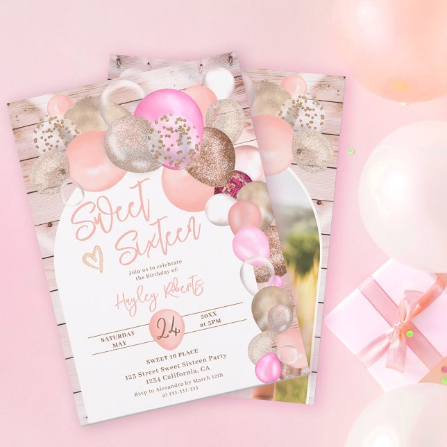 Rustic wood Boho glitter balloons pink Sweet 16 Invitation (Creator Uploaded)