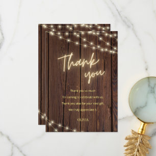 Rustic wood boho string lights bridal shower thank you card