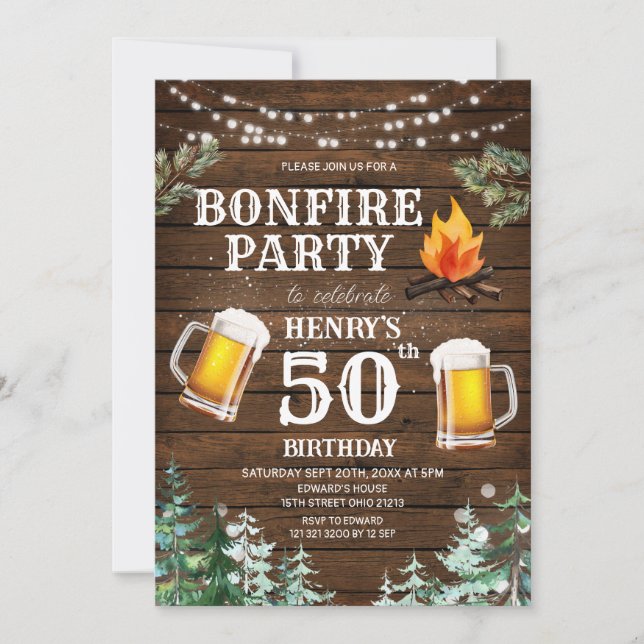 Rustic Wood Bonfire Beer Adult Birthday Outdoor Invitation (Front)