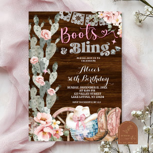 Rustic Wood Boots and Bling Birthday Invitation