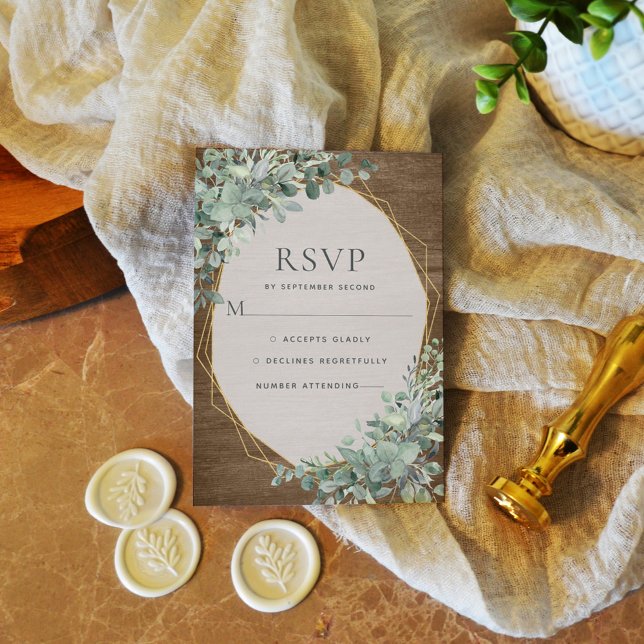 Rustic Wood Botanical Gold Geometric Wedding RSVP Card (Creator Uploaded)
