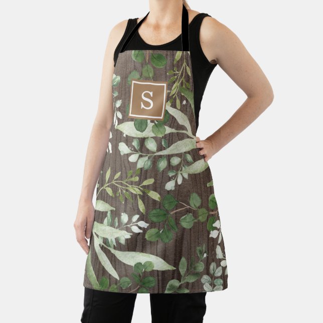 Rustic Wood Botanical Greenery Monogram Apron (Insitu)