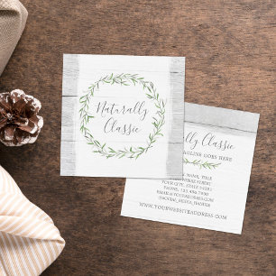 Rustic Wood & Botanical Leaf Branches Green Wreath Square Business Card