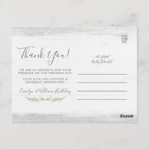 Rustic Wood & Botanical Leaf Wedding Thank You Postcard
