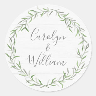 Rustic Wood & Botanical Leaves Wedding Stationery Classic Round Sticker