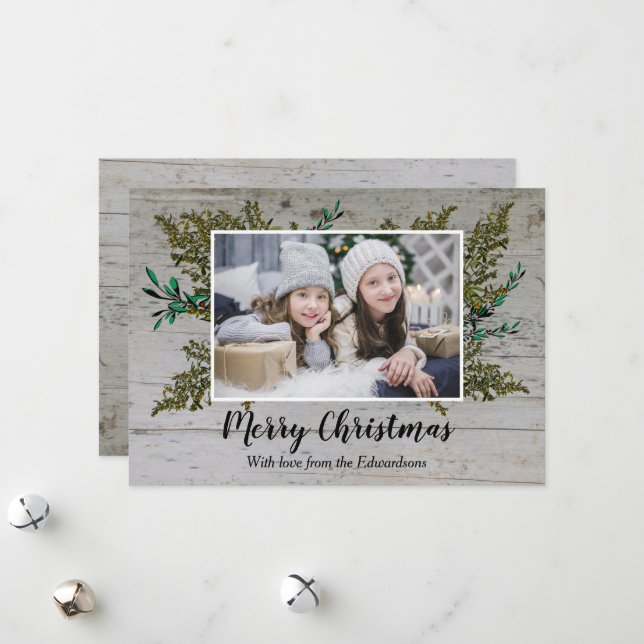 Rustic wood botanical Merry Christmas photo card (Front/Back In Situ)