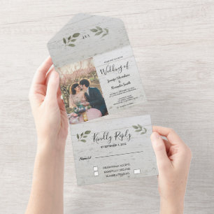 Rustic wood botanical monogram photo Wedding All In One Invitation