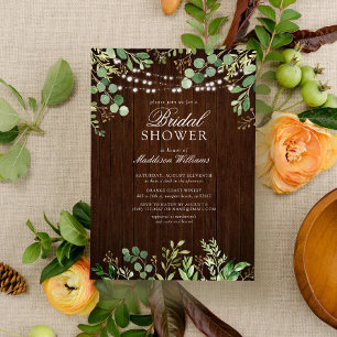 Rustic Wood Botanicals String Lights Bridal Shower Invitation