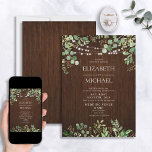 Rustic Wood Botanicals String Lights Farm Wedding Invitation<br><div class="desc">Create the perfect Rustic Wedding invitation with this design featuring watercolor eucalyptus and fern botanical greenery,  on a barn wood background. (Originally designed with my neice's rustic Washington forest wedding in mind!) Copyright Elegant Invites,  all rights reserved.</div>