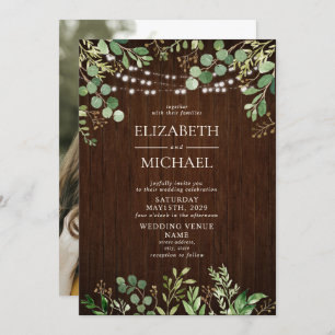 Rustic Wood Botanicals String Lights Photo Wedding Invitation