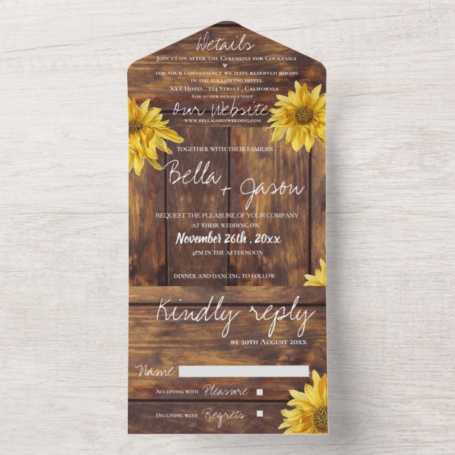 Rustic Wood Bright Sunflower Monogram Wedding All In One Invitation (Inside)