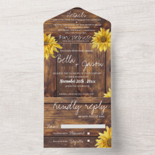 Rustic Wood Bright Sunflower Monogram Wedding All In One Invitation