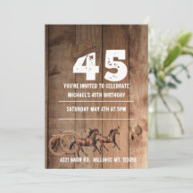 Rustic wood brown cowboy themed 45th birthday 