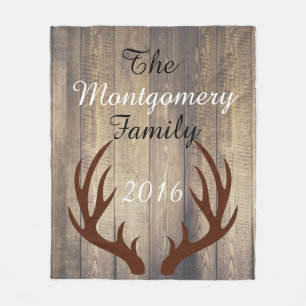 Rustic Wood Brown Deer Antlers Family Name Fleece Blanket