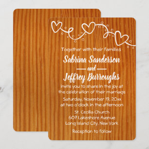 Rustic Wood Brown & White Wedding Hearts Love Invitation